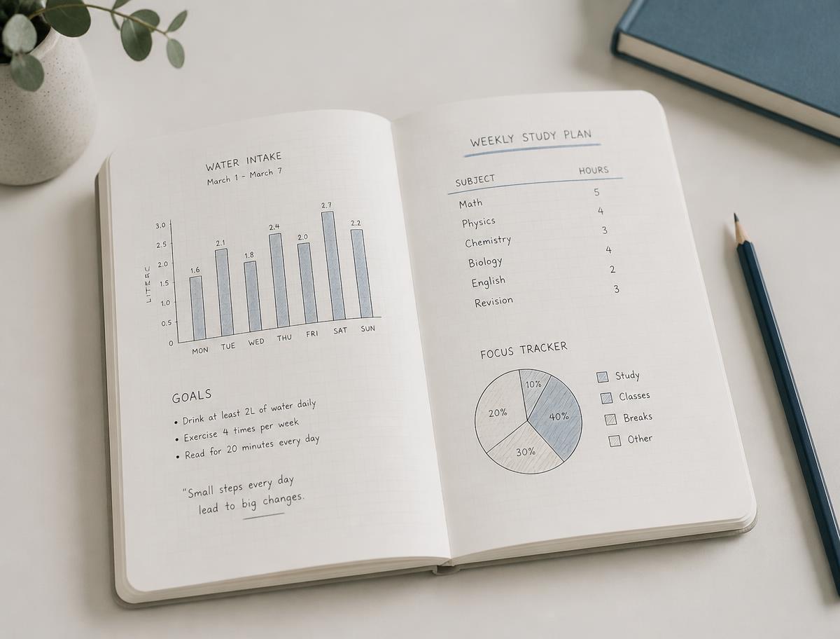 Cuaderno abierto con gráficos financieros dibujados a mano